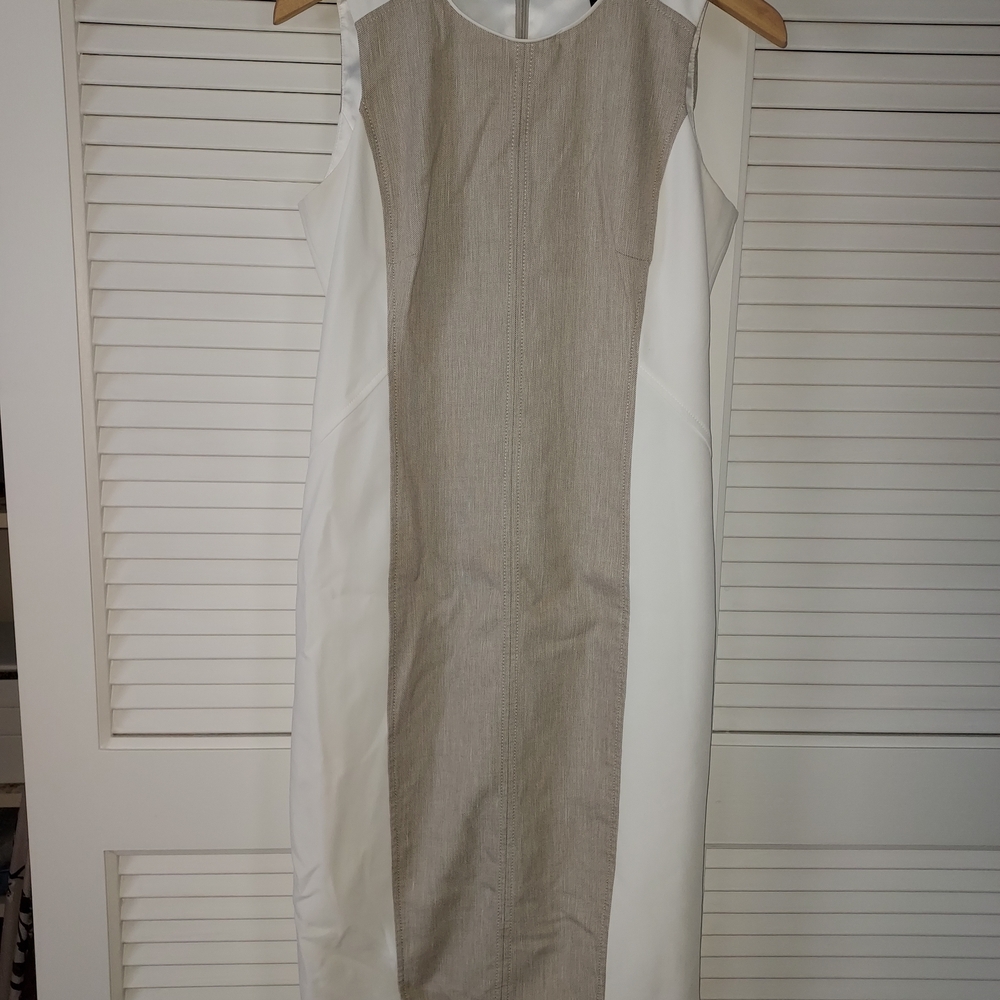 White House Black Market White and Tan Midi Dress